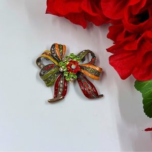 Sparkly Art Deco Style Vintage Ribbon Brooch with Colourful Crystals